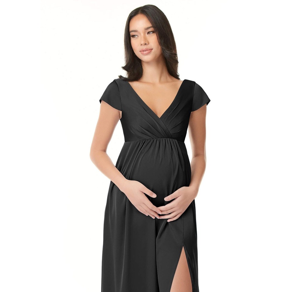 Azazie Women's Dress Allesia Black Stretch Satin Maternity V-Neck Cap Size A8